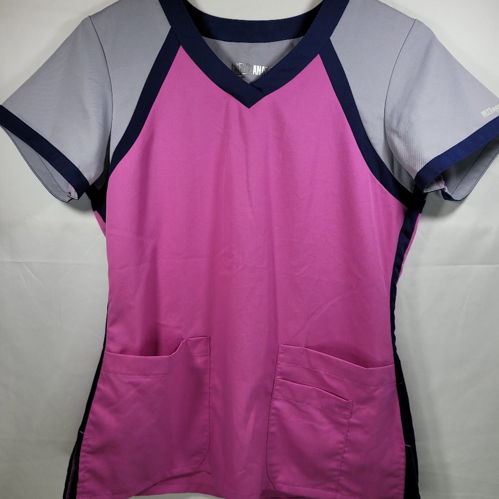 Grey's Anatomy Women's Small Pink, Gray, and Navy Scrub Top with 2 front pockets
